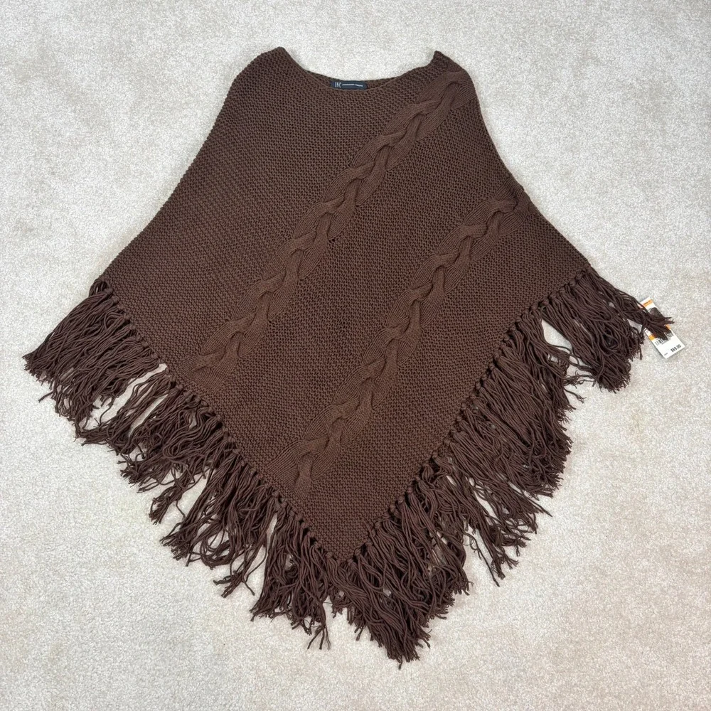 INC International Concepts Brown Cable Knit Fringe Poncho Roasted Chestnut SM